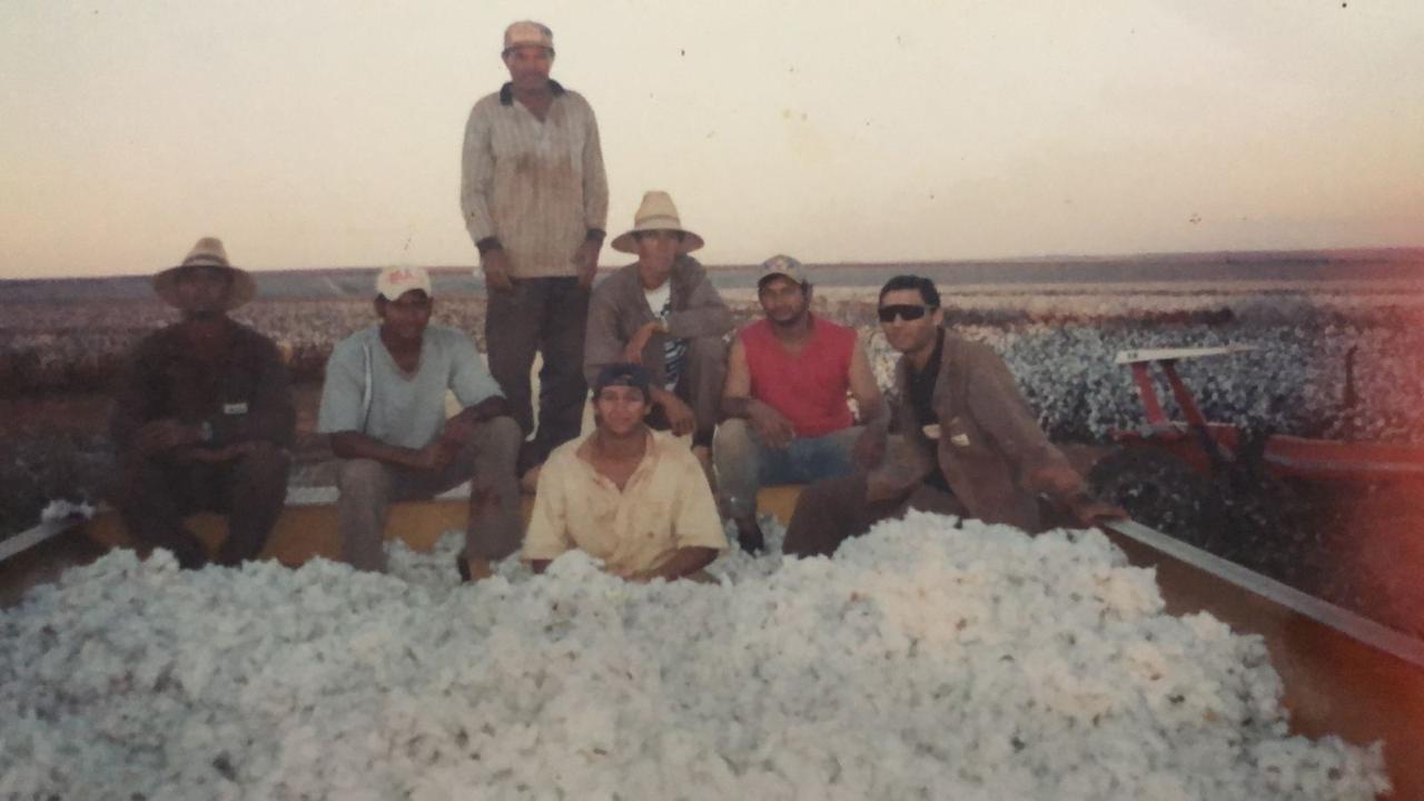 A turma da colheita sentada sobre o algodão colhido, na carroceria