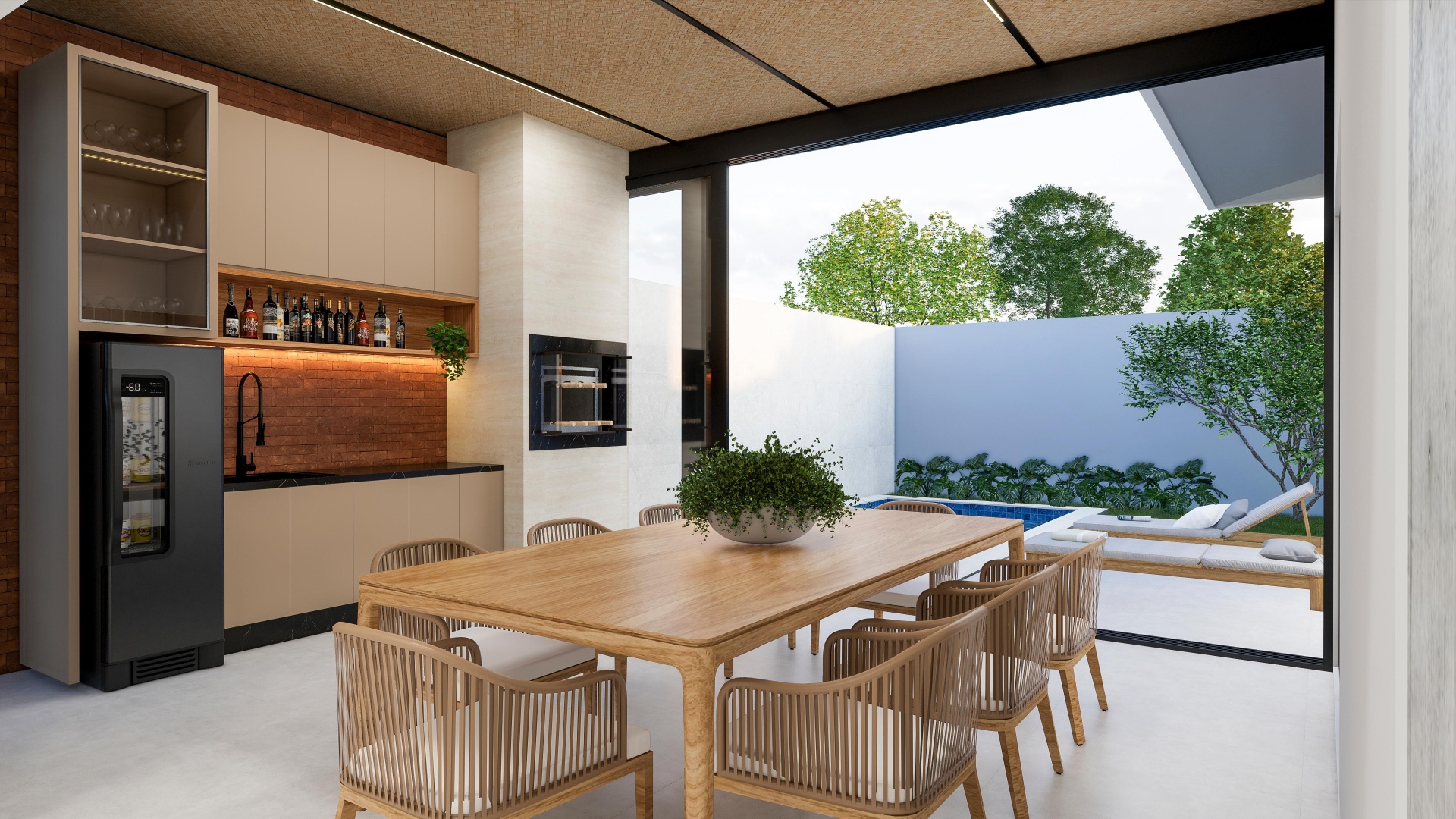 Área gourmet com mesa e piscina — perspectiva do projeto