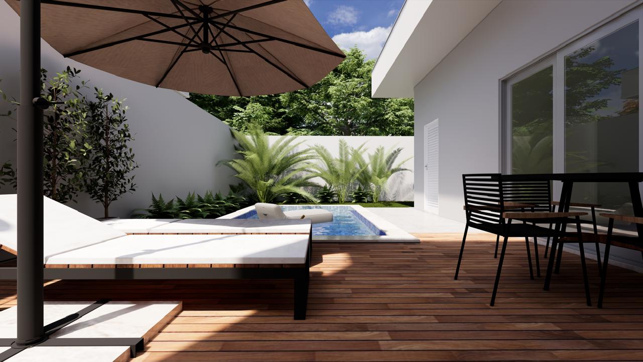 Área de piscina com deck